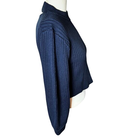 Tibi 100% Merino Wool Ribbed Sweater Womens Blue Balloon Sleeve Knit Crop - Picture 3 of 7